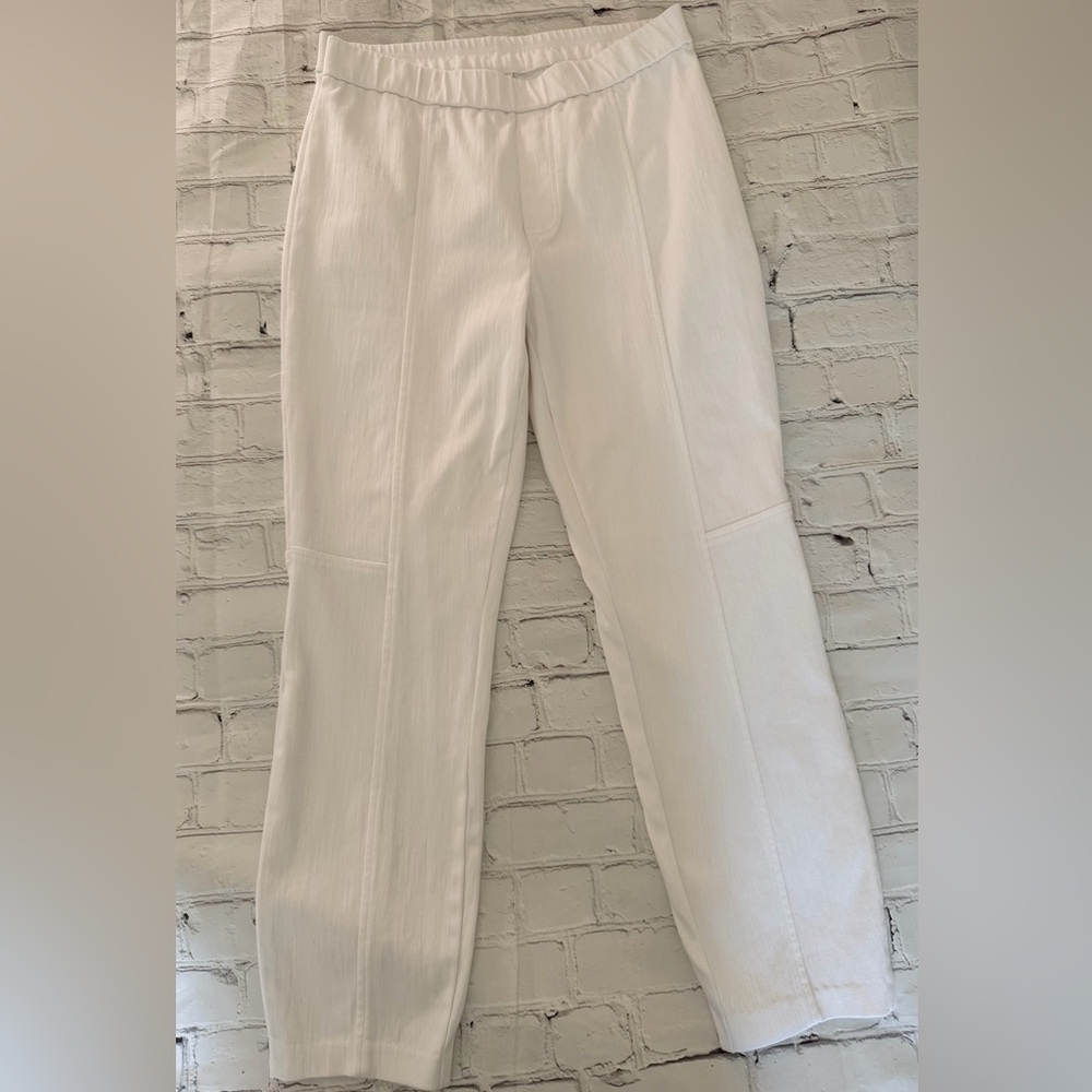White Stretchy Pull-On Pants with Vertical Ribbing